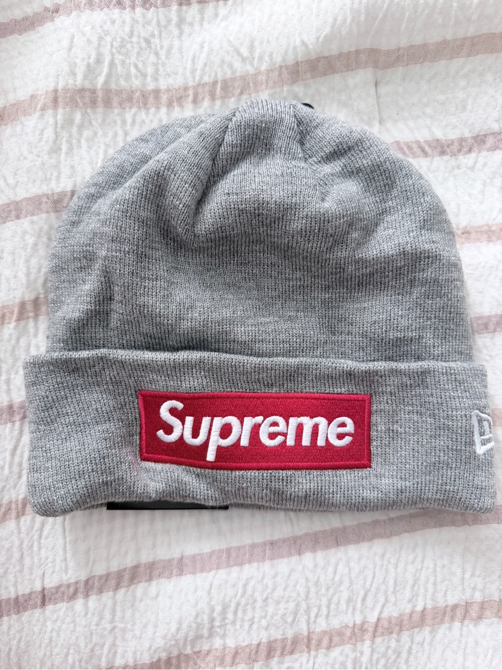 Supreme Grey Beanie with Red Box Logo Patch